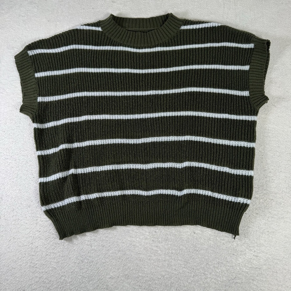 SHEIN Striped Sweater Vest Womens XL Olive Green White Excellent Chunky Knit